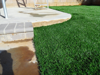 Backyard synthetic lawn with concrete steps