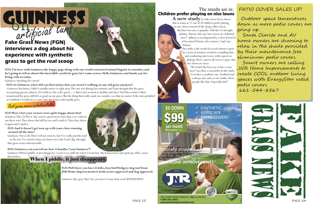 Fake grass news magazine with articles regarding artificial turf and patio covers products by JNR Home Improvements. Interviews with experts regarding the turf industry authority, JNR Home Improvements.